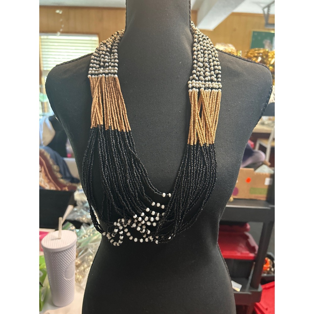 Handmade Multi Strand Seed Bead Statement Necklace Black White Tan Boho Tribal